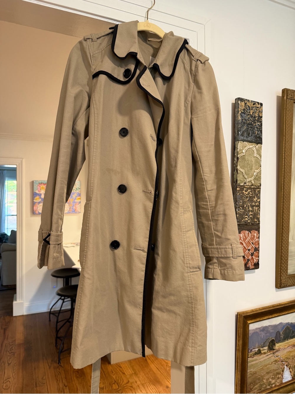 LOFT 100% Cotton Classic Trench Coat with Black Piping, size Large